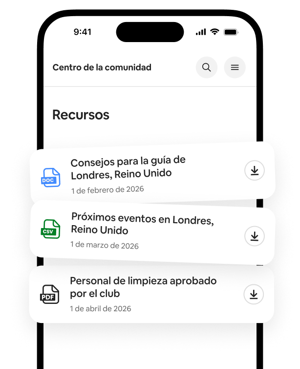 Un teléfono muestra una lista de Recursos con guías descargables, listas de eventos y recomendaciones de profesionales de la limpieza.
