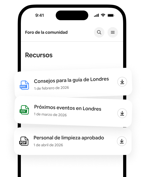 Un celular muestra una lista de Recursos, con guías que se pueden descargar, listas de eventos y recomendaciones de profesionales de limpieza.