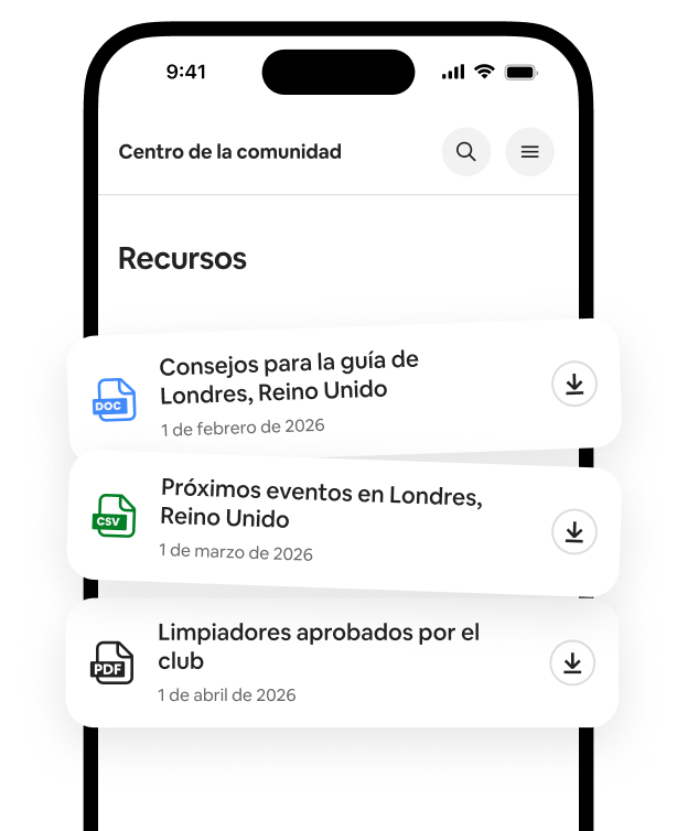 Un celular muestra una lista de Recursos, con guías que se pueden descargar, listas de eventos y recomendaciones de limpiadores.
