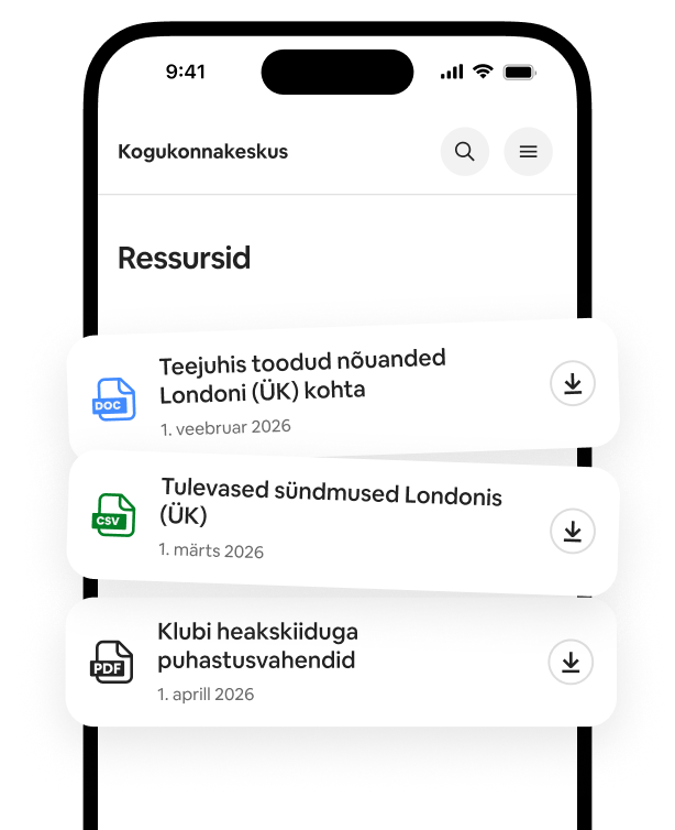 Telefonis kuvatakse ressursside loendit, kus on näha allalaaditavad teejuhid, ürituste loendid ja soovitatud koristajad.