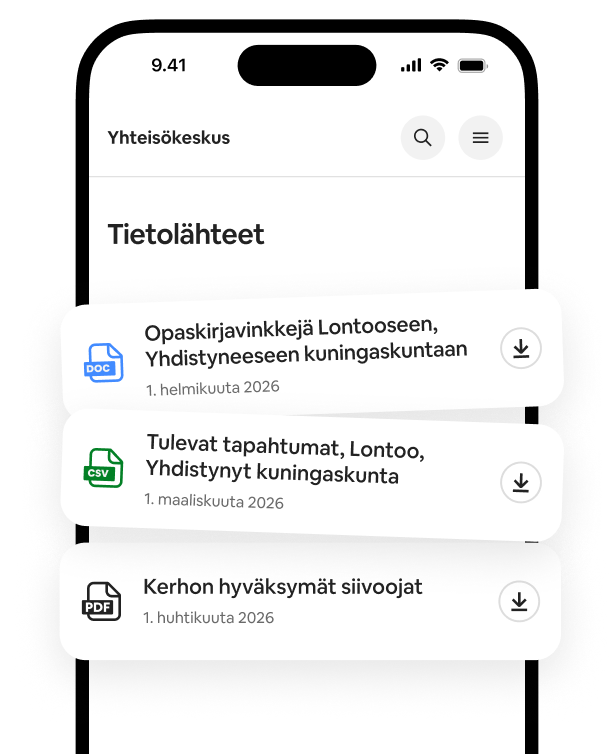 Puhelimessa näkyy Resurssit-luettelo, jossa on ladattavia opaskirjoja, tapahtumaluetteloita ja siivoojien suosituksia.