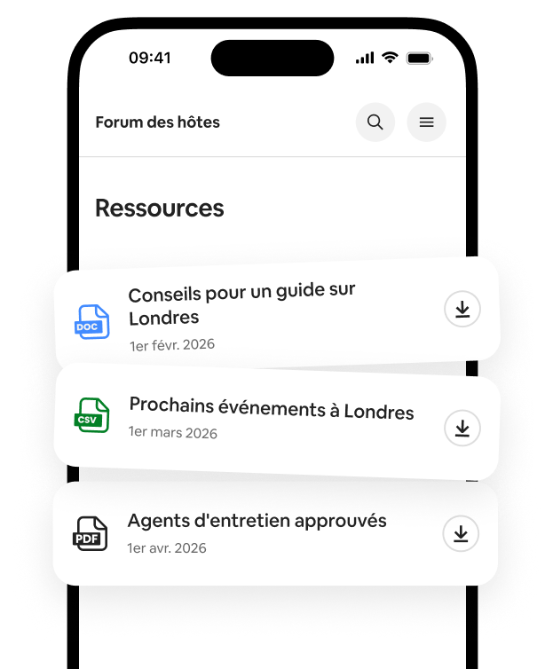 Un téléphone affiche une liste de ressources avec des guides téléchargeables, des listes d'événements et des recommandations de professionnels du nettoyage.