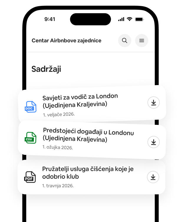 Na telefonu se prikazuje lista materijala sa vodičima koje je moguće preuzeti, listama događaja i predlozima za higijeničare.