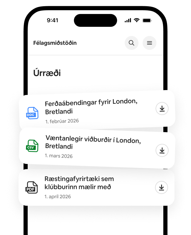 Sími sem sýnir lista yfir úrræði með handbókum sem hægt er að hlaða niður, viðburðalistum og ráðleggingum um ræstingaþjónustu.