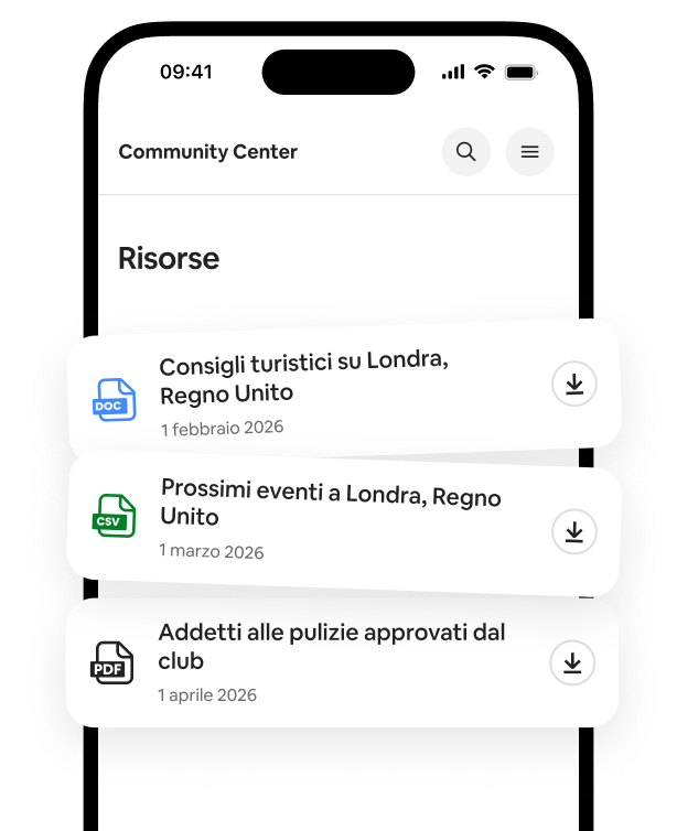 Telefono che mostra un elenco di risorse con guide scaricabili, elenchi di eventi e consigli sulla pulizia.