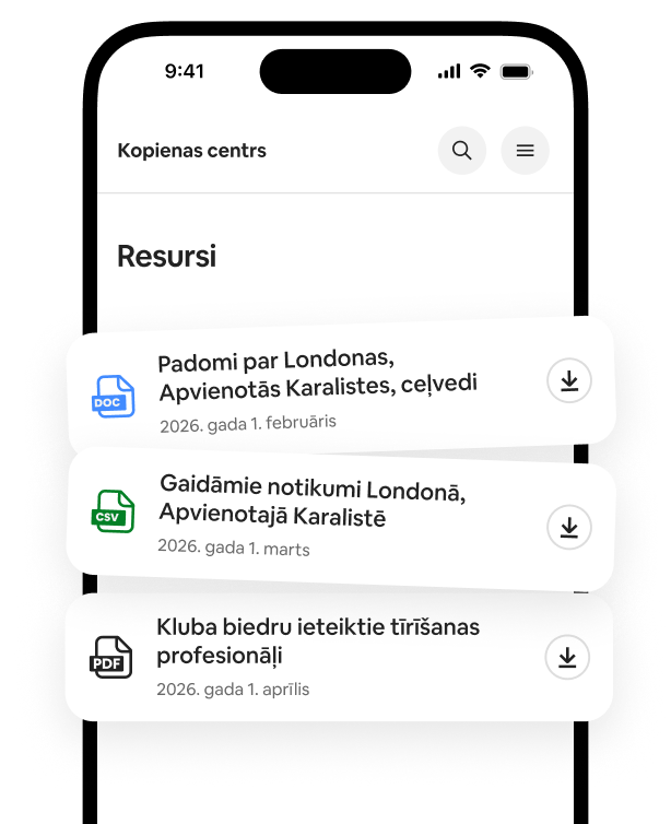 Tālrunī ir redzams saraksts Resursi ar lejupielādējamiem ceļvežiem, pasākumu sarakstiem un tīrīšanas speciālistu ieteikumiem.