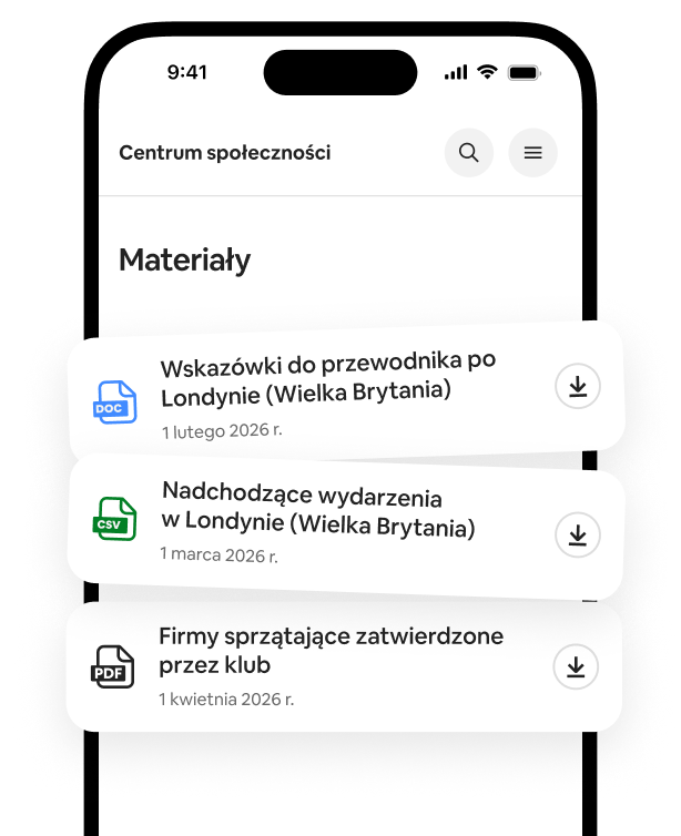 Telefon, na którym widać listę materiałów z przewodnikami do pobrania, listami wydarzeń i rekomendacjami dotyczącymi sprzątania.