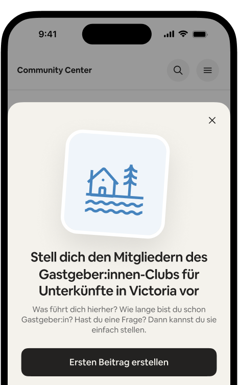 Ein Handy, das die Willkommenskarte „Stell dich den Mitgliedern des Gastgeber:innen-Clubs für Unterkünfte in Victoria vor“ mit dem Button „Ersten Beitrag erstellen“ zeigt.