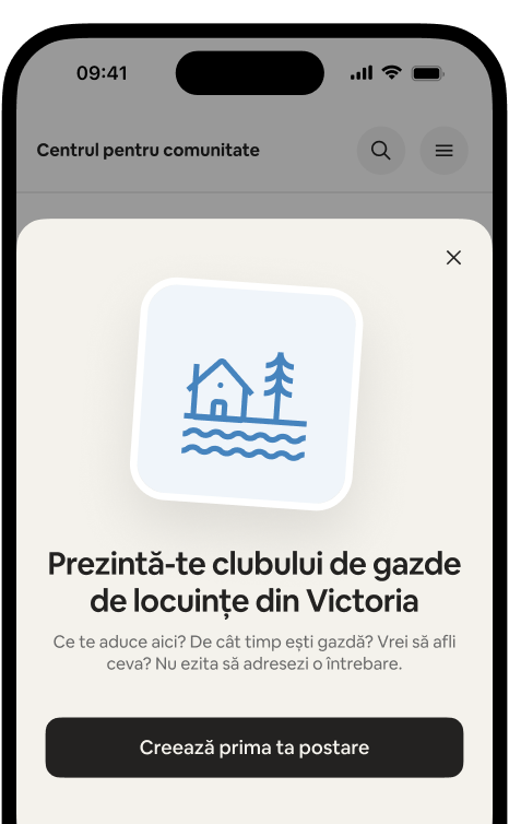 Telefon care afișează cardul de bun-venit „Prezintă-te clubului de gazde de locuințe din Victoria”, cu un buton „Creează prima ta postare”.