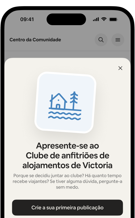 Telemóvel que mostra o cartão de boas-vindas "Apresente-se ao Clube de anfitriões de alojamentos de Victoria" com um botão para criar a primeira publicação.