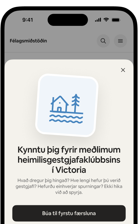 Sími sem sýnir móttökukortið „Kynntu þig fyrir meðlimum klúbbs heimilisgestgjafa í Victoriu“ með hnappi til að búa til fyrstu færsluna.