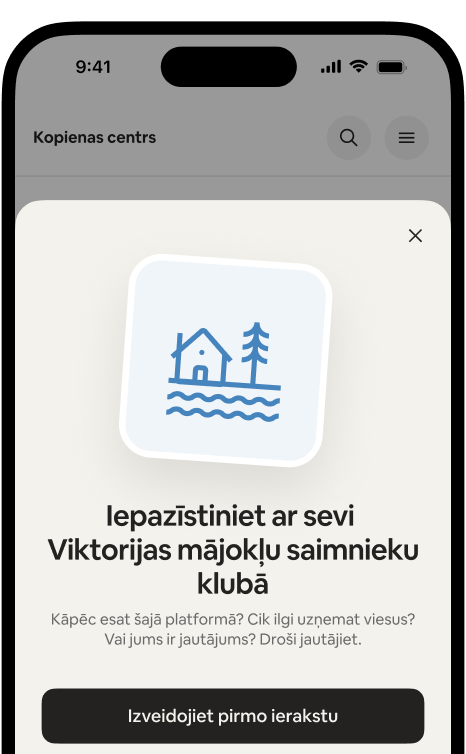 Tālrunī redzama sveiciena kartīte "Iepazīstiniet ar sevi Viktorijas mājokļu saimnieku klubā" un poga Izveidot pirmo ierakstu.