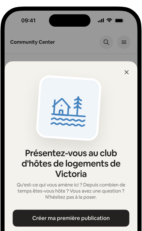 Un téléphone affichant la carte de bienvenue « Présentez-vous au club d'hôtes de logements de Victoria » avec un bouton « Créer ma première publication ».