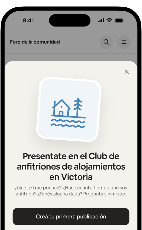 Un celular muestra una tarjeta de bienvenida que dice “Presentate en el Club de anfitriones de alojamientos en Victoria”, con el botón Creá tu primera publicación.