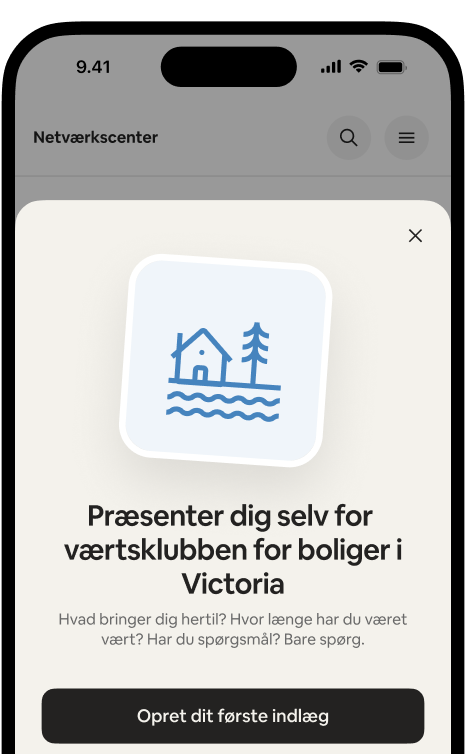 Telefon, der viser velkomstkortet "Præsenter dig selv for værtsklubben for boliger i Victoria" med en knap til at oprette dit første opslag.