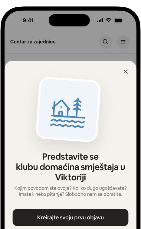 Telefon na kojem se prikazuje kartica dobrodošlice „Predstavite se klubu domaćina smještaja u Viktoriji“ sa dugmetom „Kreirajte svoju prvu objavu“.
