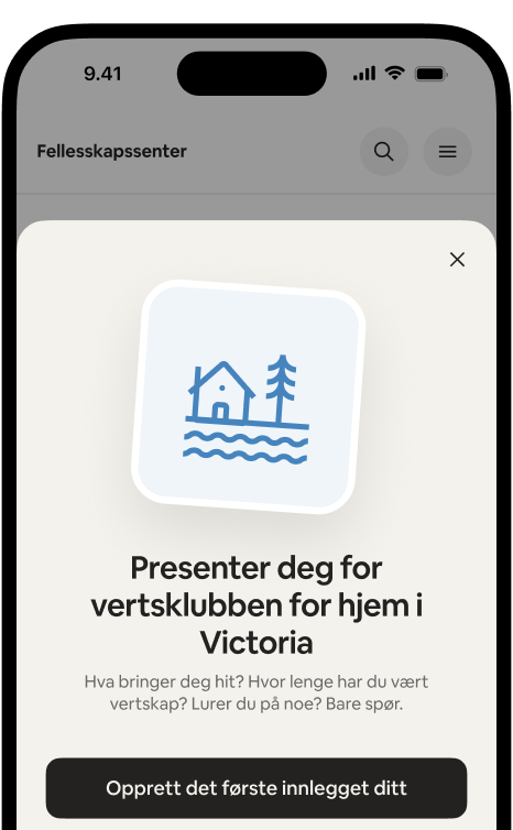 Telefon som viser velkomstkortet "Presenter deg for vertsklubben for hjem i Victoria" med en knapp for å opprette det første innlegget.