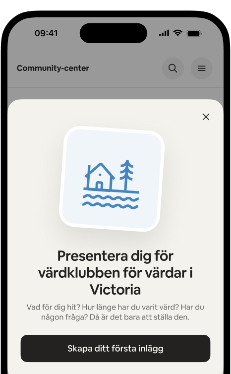 En telefon som visar välkomstkortet "Presentera dig för värdklubben för värdar i Victoria" med en knapp för att skapa ditt första inlägg.