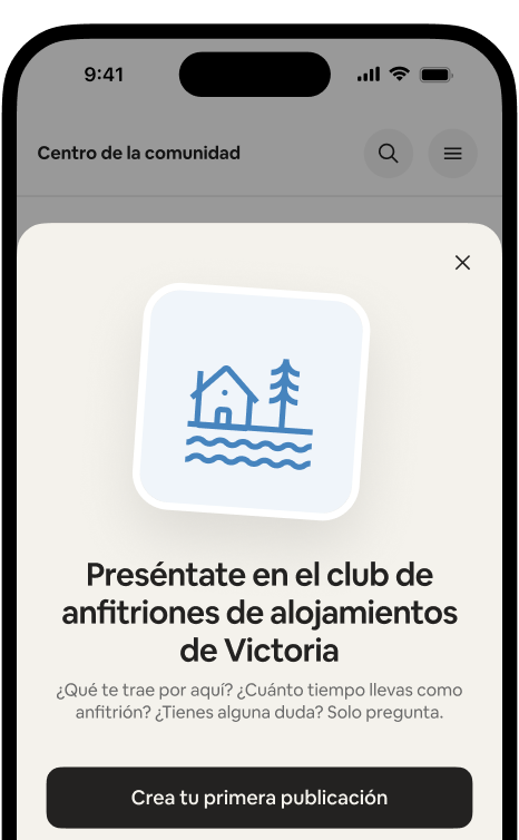 Teléfono que muestra la tarjeta de bienvenida “Preséntate en el Club de anfitriones de alojamientos en Victoria” con un botón que dice “Crea tu primera publicación”.