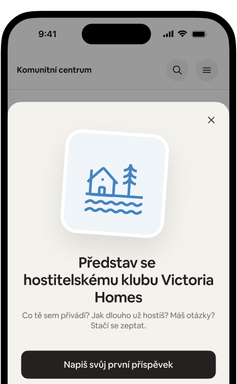 Telefon zobrazující uvítací kartu „Představ se hostitelskému klubu ve Victorii“ s tlačítkem Vytvoř svůj první příspěvek.