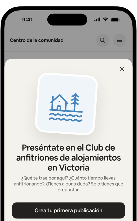 Un celular muestra una tarjeta de bienvenida que dice “Preséntate en el Club de anfitriones de alojamientos en Victoria”, con el botón Crea tu primera publicación.