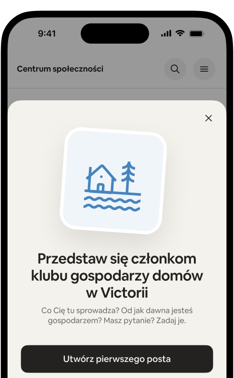 Telefon z widoczną kartą powitalną „Przedstaw się członkom klubu gospodarzy domów w Victorii” z przyciskiem „Utwórz swój pierwszy post”.
