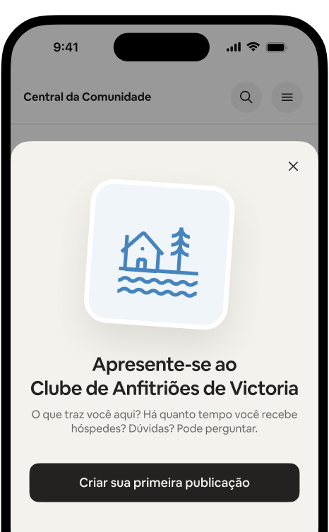 Tela de um celular mostrando o cartão de boas-vindas "Apresente-se ao Clube de Anfitriões de Victoria" com um botão para criar sua primeira publicação.