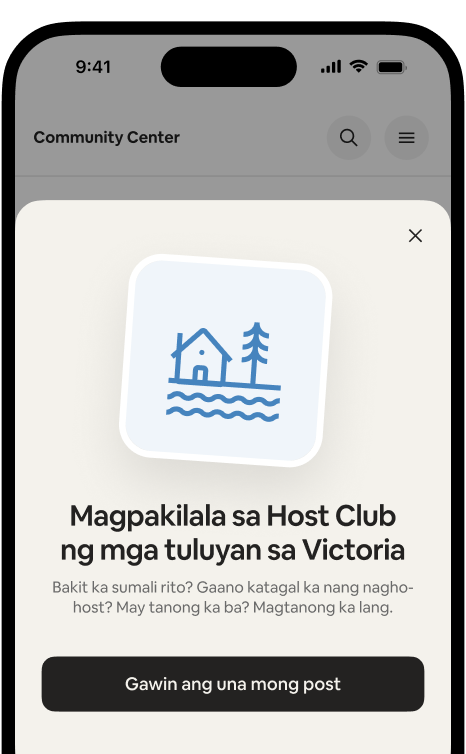 Makikita sa phone ang welcome card na “Magpakilala sa Host Club ng mga tuluyan sa Victoria” na may button na Gawin ang una mong post.