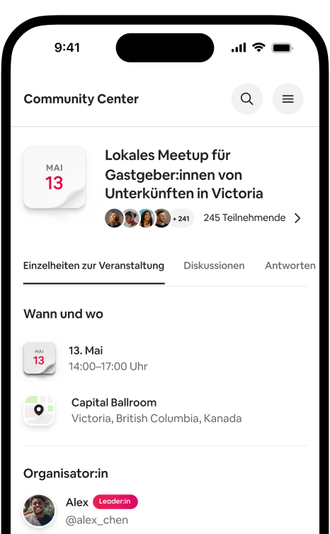 Ein Handy, auf dem eine Seite mit den Veranstaltungsdetails für das lokale Meetup der Gastgeber:innen von Unterkünften in Victoria mit Datum, Ort und Teilnehmer:innen angezeigt wird.