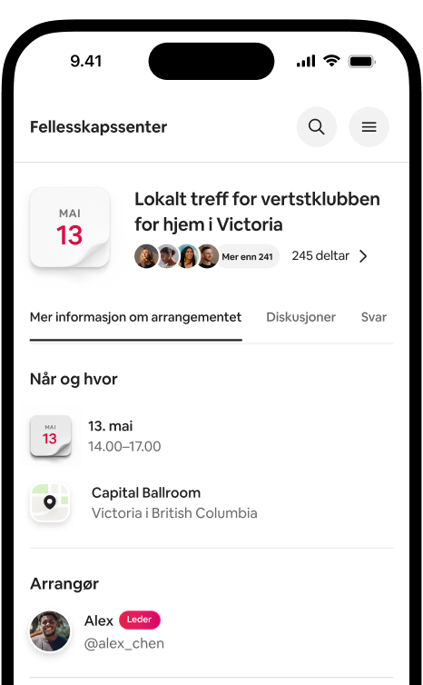 Telefon som viser en informasjonsside om det lokale treffet for vertsklubben for hjem i Victoria, med dato, beliggenhet og deltakere.