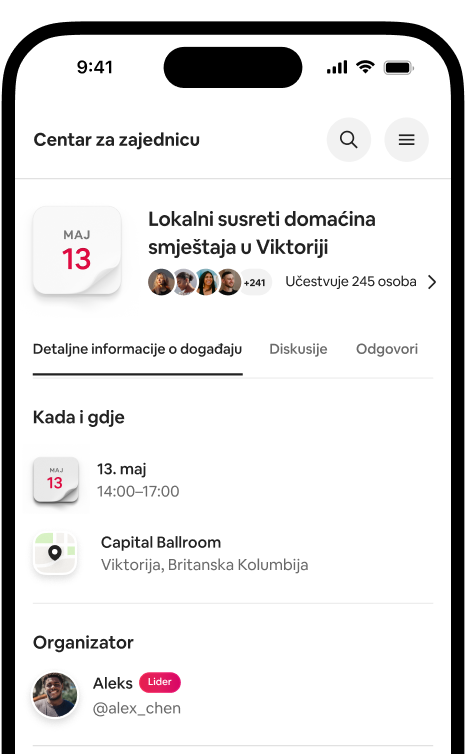 Telefon na kojem se prikazuje stranica sa detaljima o lokalnom susretu domaćina smještaja u Viktoriji, sa datumom, lokacijom i podacima o učesnicima.