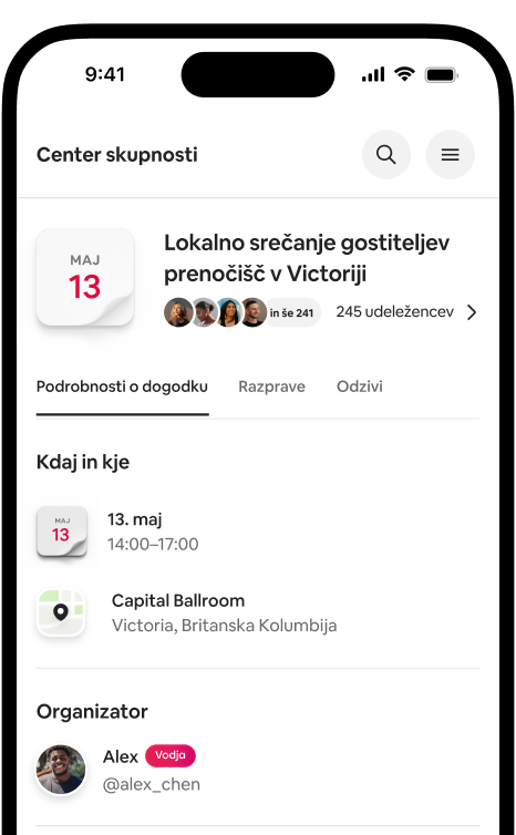 Telefon, ki prikazuje stran s podrobnostmi o dogodku za lokalno srečanje gostiteljev prenočišč v Victoriji z datumom, lokacijo in udeleženci.