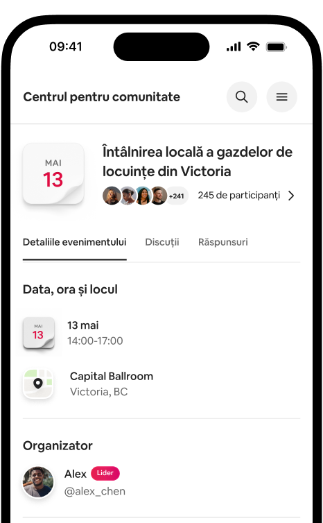 Telefon care afișează o pagină cu detaliile evenimentului pentru întâlnirea locală a gazdelor de locuințe din Victoria, inclusiv data, locația și participanții.