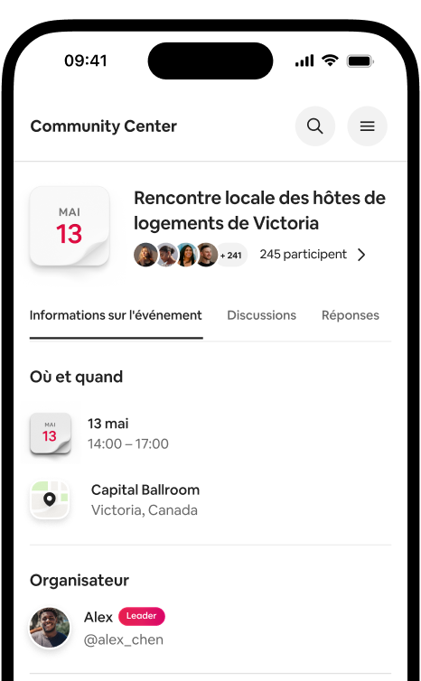 Un téléphone affichant une page de détails de l'événement pour la rencontre locale des hôtes de logements de Victoria, avec la date, le lieu et les participants.