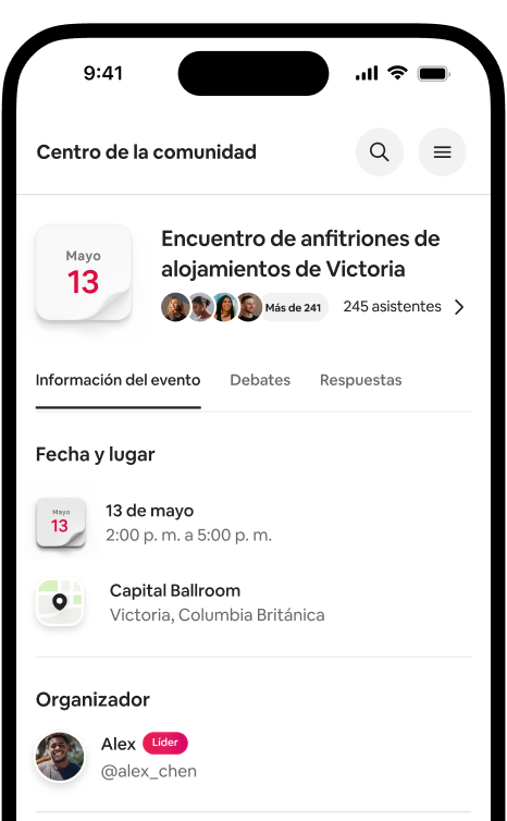 Teléfono que muestra la página de detalles del Encuentro de anfitriones de alojamientos en Victoria, con la fecha, la ubicación y los asistentes.
