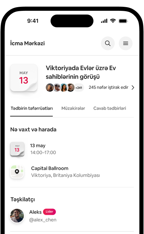 Telefonda Viktoriyada Evlər üzrə Ev Sahiblərinin Yerli Görüşünün tarix, məkan və iştirakçı məlumatları olan tədbir təfərrüatları səhifəsi göstərilir.