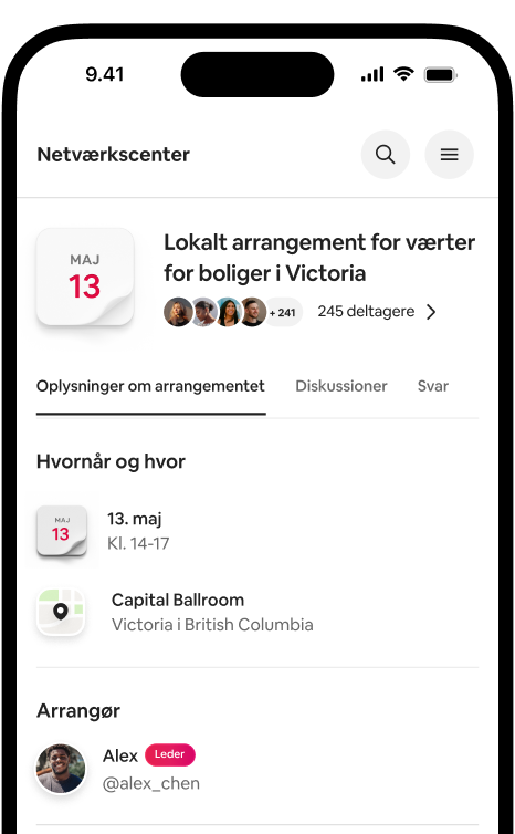 Telefon, der viser en side med oplysninger om det lokale møde for værter for boliger i Victoria med dato, beliggenhed og deltagere.