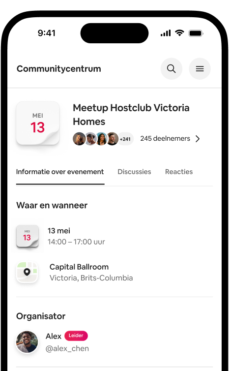 Telefoon met informatie over een meetup van hostclub Victoria Homes, waaronder de datum, locatie en deelnemers.