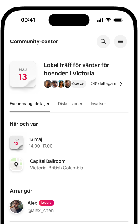 En telefon som visar en sida med evenemangsdetaljer för den lokala träffen för värdar för boenden i Victoria med datum, plats och deltagare.