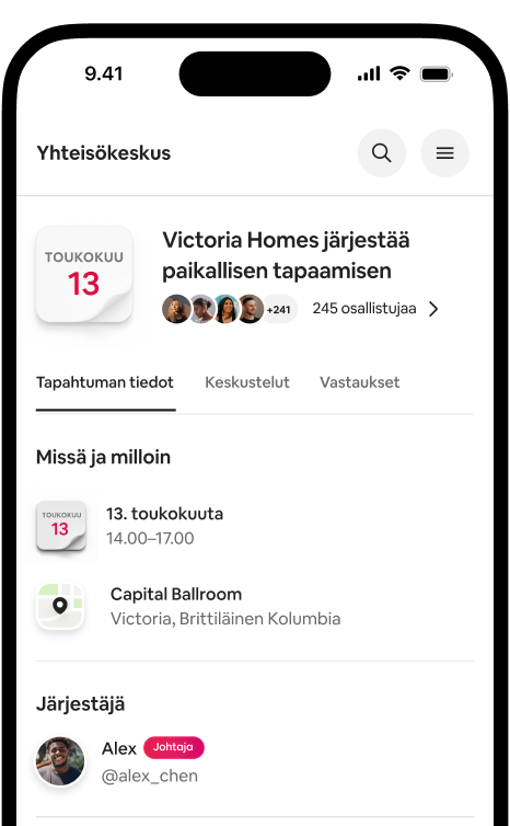 Puhelimessa näkyy Victoria Homesin järjestämän paikallisen tarjoajien tapaamisen tapahtumatietosivu, jolla on päivämäärä, sijainti ja osallistujat.