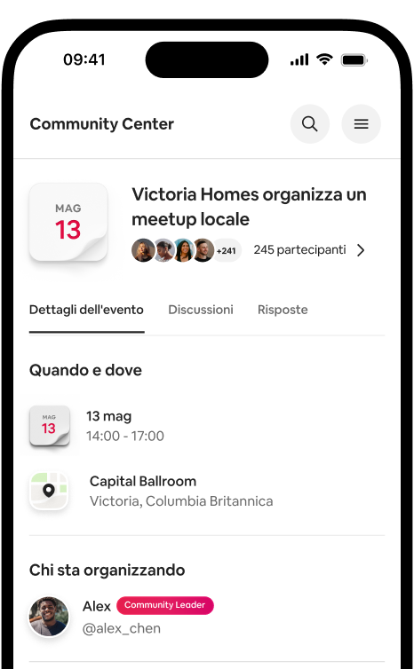 Telefono che mostra la pagina dei dettagli dell'evento "Victoria Homes organizza un meetup locale" con la data, il luogo e i partecipanti.