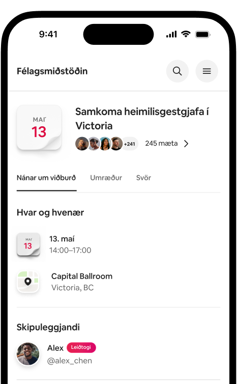 Sími sem sýnir upplýsingasíðu fyrir samkomu heimilisgestgjafa í Victoriu þar sem dagsetning, staðsetning og þátttakendur koma fram.