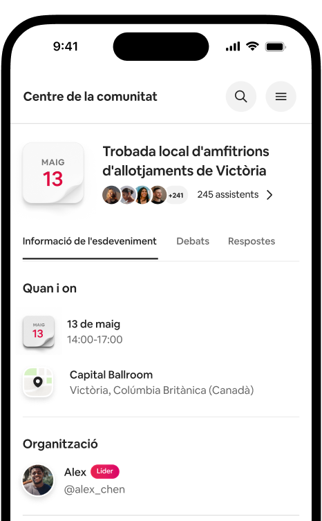 Telèfon que mostra una pàgina amb la informació de l'esdeveniment de la trobada local d'amfitrions d'allotjaments de Victòria, que inclou la data, la ubicació i els assistents.