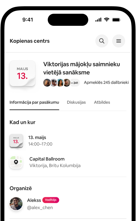 Tālrunī redzama Viktorijas mājokļu saimnieku vietējās sanāksmes informācijas lapa, kurā norādīts datums, atrašanās vieta un dalībnieki.