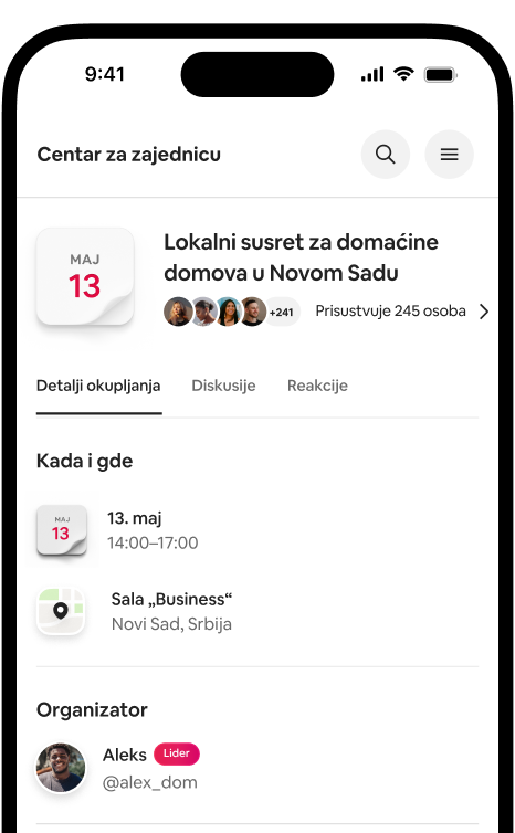 Na telefonu se prikazuje stranica sa detaljima o lokalnom susretu domaćina domova u Viktoriji, sa datumom, lokacijom i podacima o učesnicima.