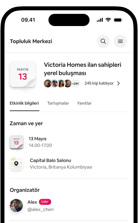 Bir telefon ekranında Victoria Homes ilan sahipleri yerel buluşmasının tarih, konum ve katılımcı bilgilerini içeren etkinlik ayrıntıları gösteriliyor.
