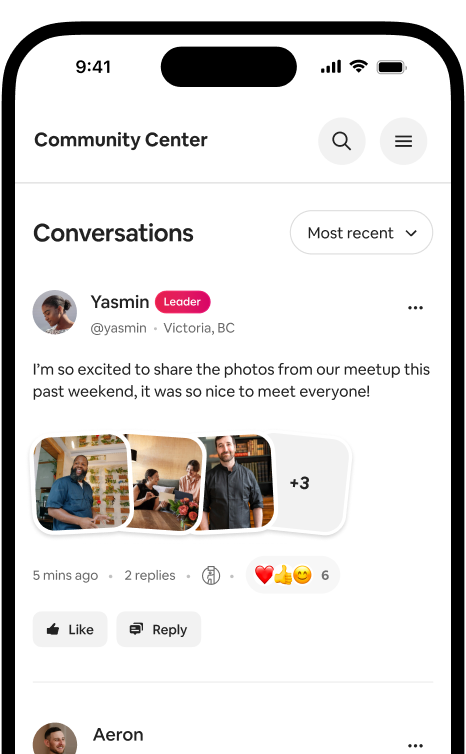 Phone showing a Conversations feed with a photo post from a host and reactions from the community.