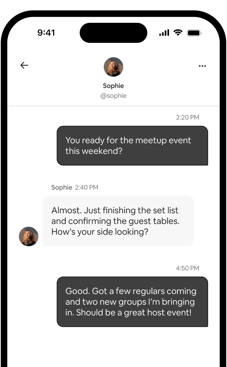 Phone showing a one-on-one message thread between two hosts coordinating a meetup.