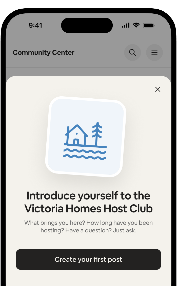 Phone showing the "Introduce yourself to the Victoria Homes Host Club" welcome card with a Create your first post button.