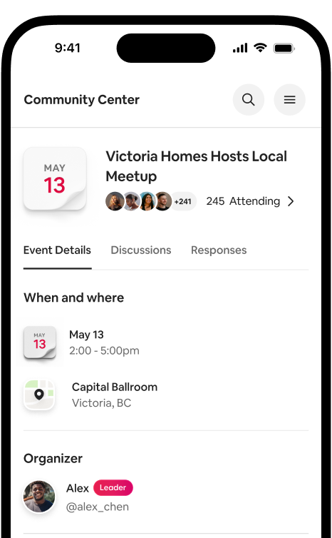 Phone showing an event detail page for the Victoria Homes Hosts Local Meetup with date, location, and attendees.
